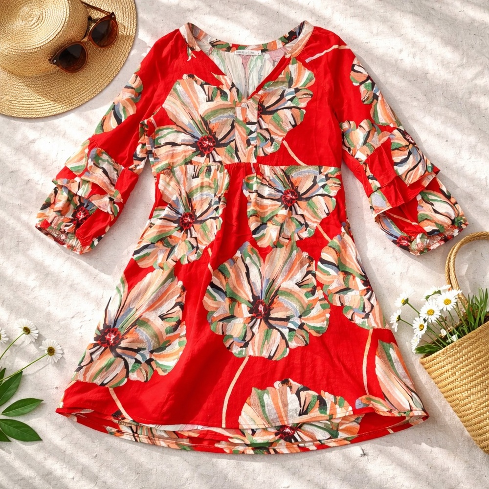 Figueroa & Flower Floral Boho Dress Size L Red Ruffle Sleeve Lightweight Tunic